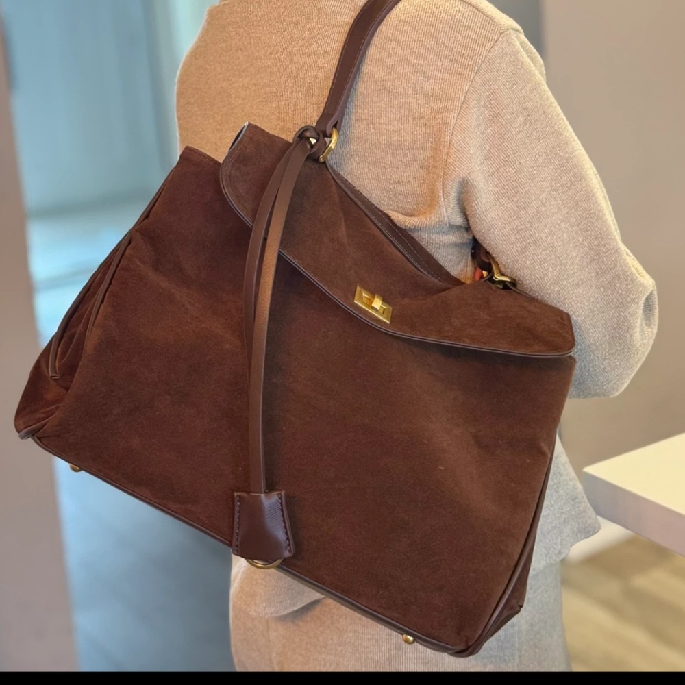 Vovia Dark Brown Suede Satchel with Gold Hardware - Picture 6 of 6